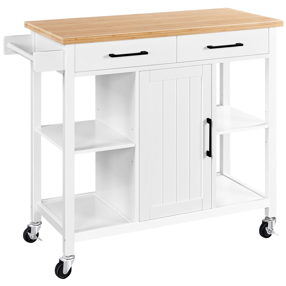 SmileMart Rolling Kitchen Storage Trolley Cart with Cabinet， Drawers and Towel Bar， White