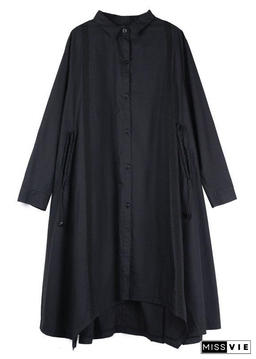 Plus Size Black Pockets Asymmetrical Design Fall Cotton Long Shirts Long sleeve