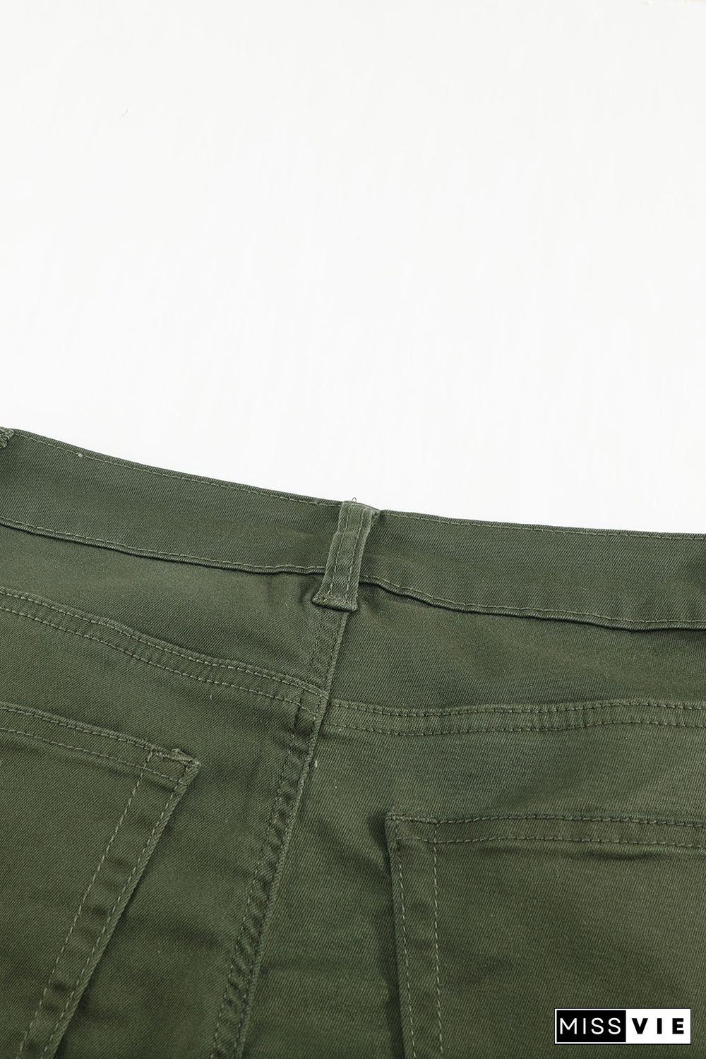 Green Plain High Waist Buttons Frayed Cropped Denim Jeans