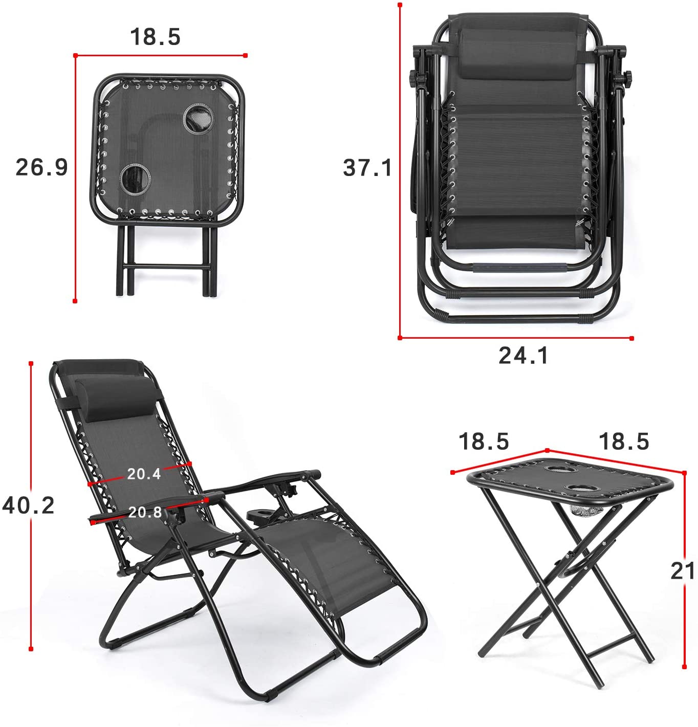 Lacoo Zero Gravity Chair Set with Table and Cup Holders Adjustable Lounge Chair for Poolside, Yard and Patio, Black