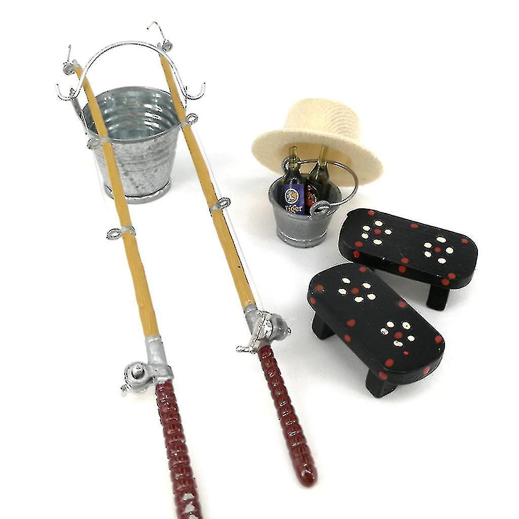 1/12 Dollhouse Miniature Fishing Rod Hat Bucket Stool Model Doll Life Scene Doll House Decoration