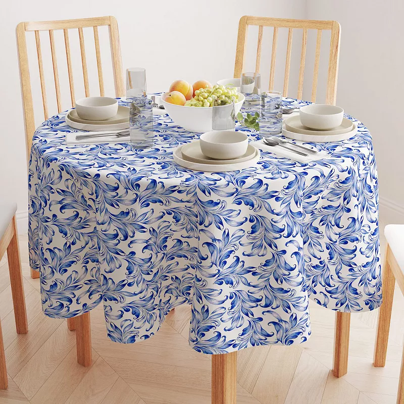 Round Tablecloth， 100% Polyester， 90 Round， Blue Traditional Leaves