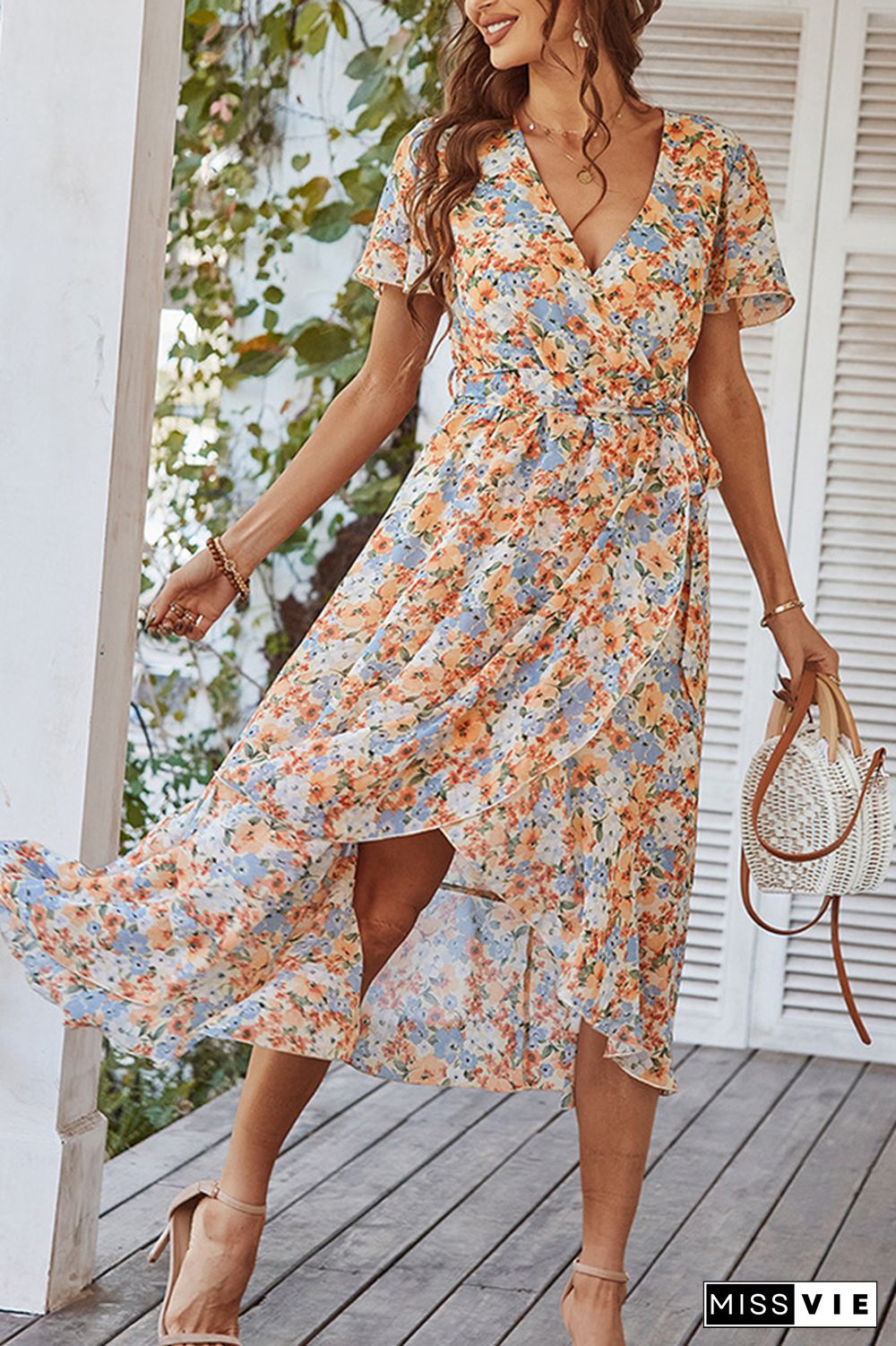 Floral Print V-neck Tie Waist Dress Wholesale