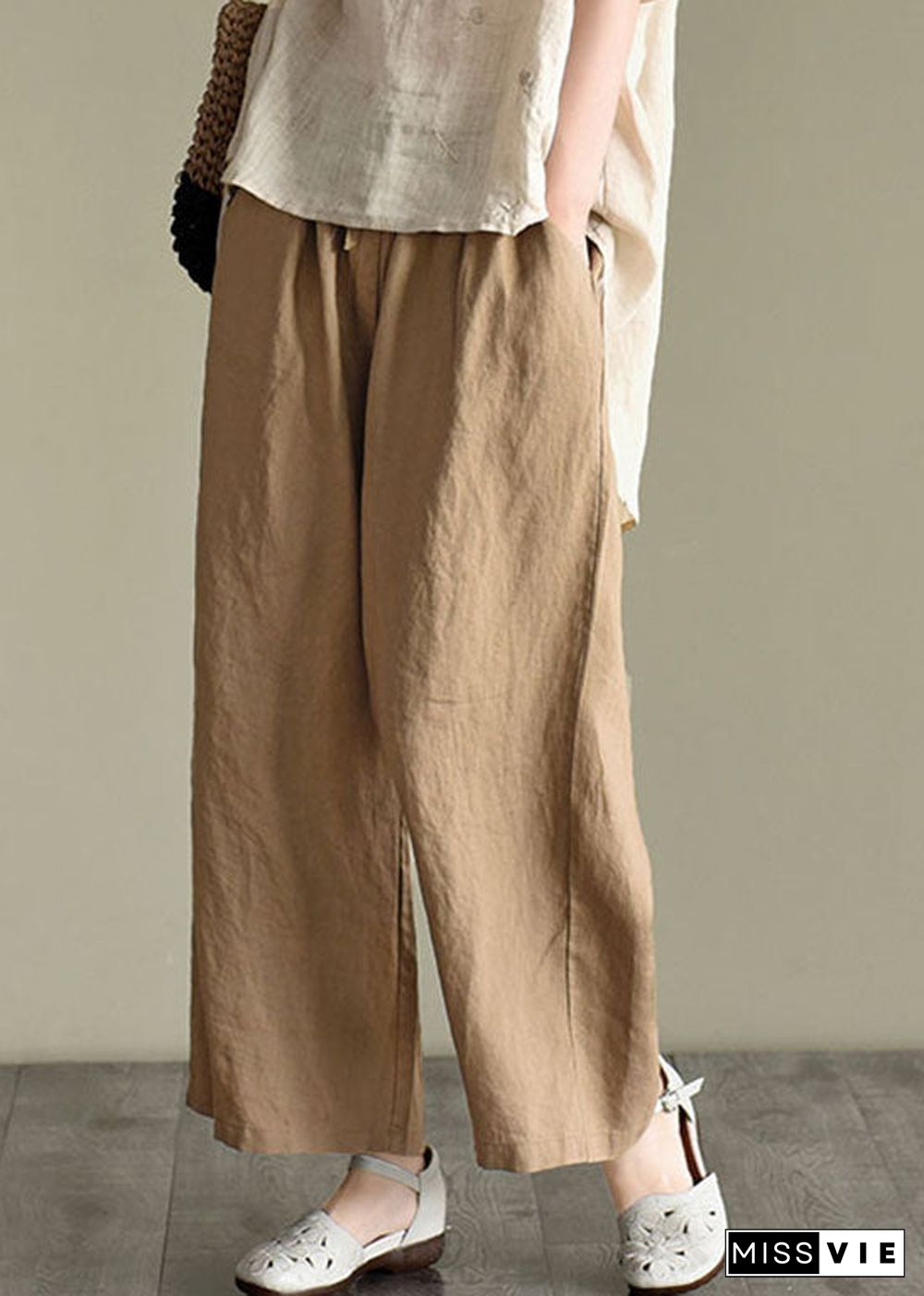 Loose Dark Khaki elastic waist drawstring Linen wide leg pants Spring