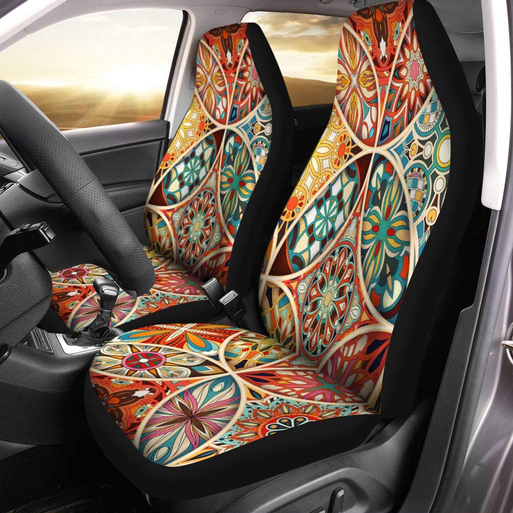 FMSHPON Set of 2 Car Seat Covers Abstract Mandalas Vintage African Batik Bohemian Carpet Eastern Universal Auto Front Seats Protector Fits for Car，SUV Sedan，Truck