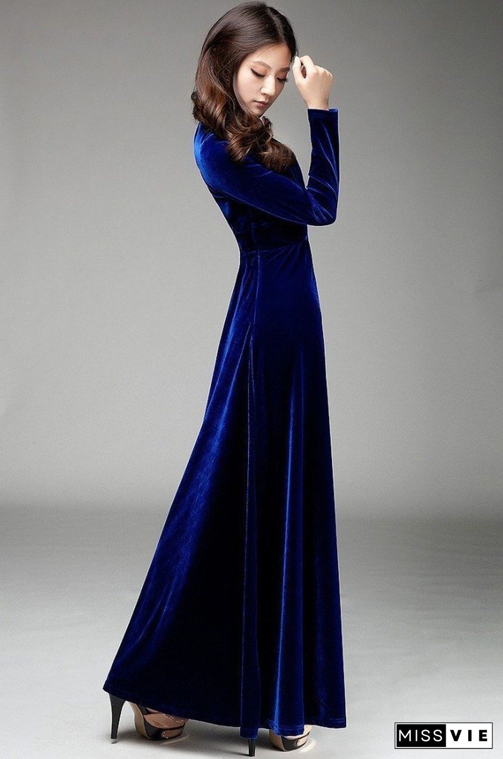 V Neck Velvet Long Sleeve Party Dress