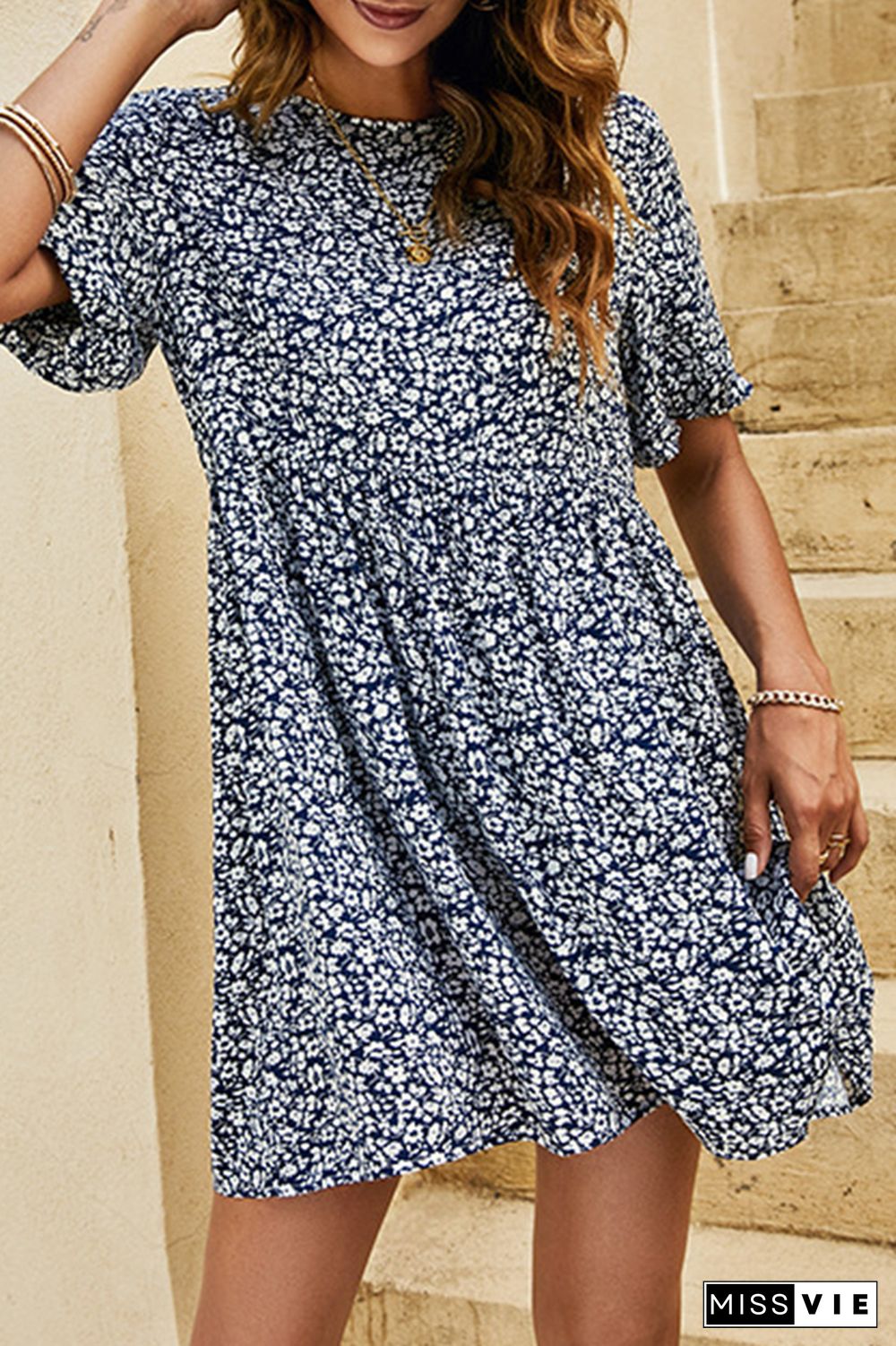 Flower Printing Short Sleeve Mini Dress