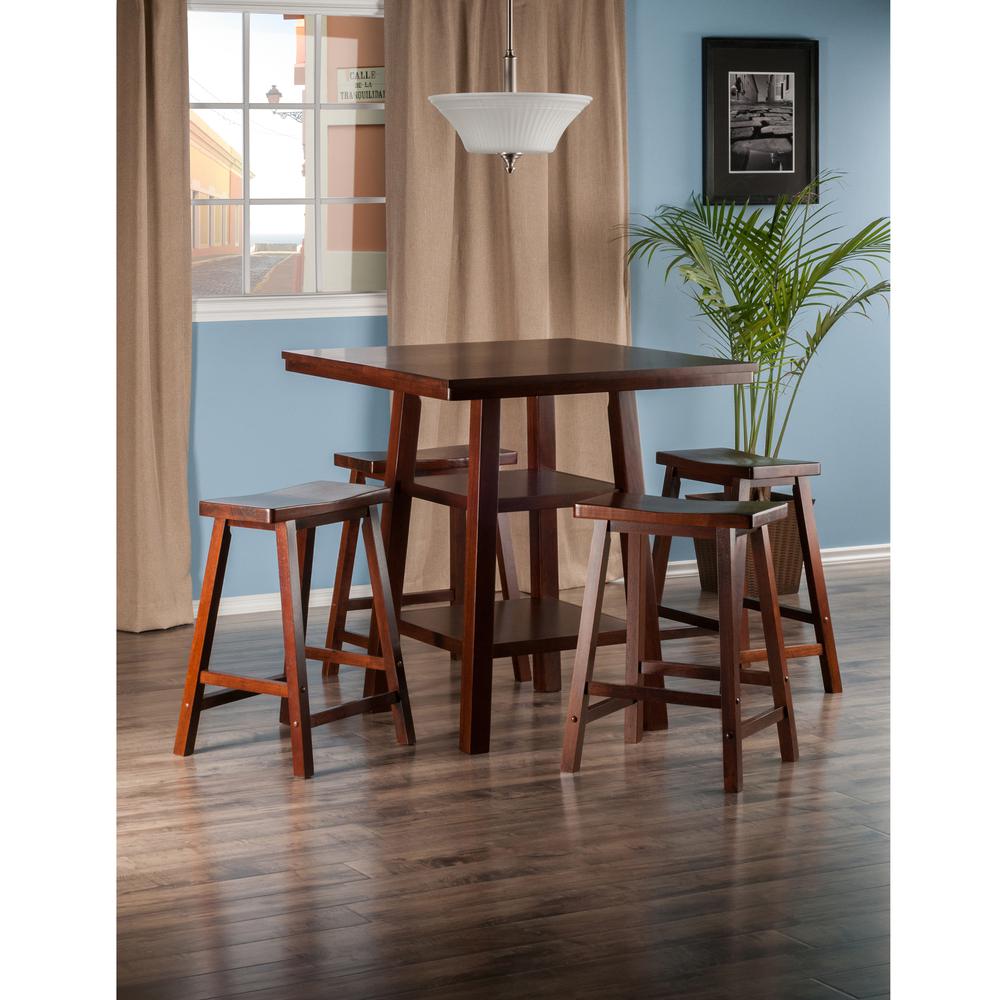 Winsome Wood Orlando 5-Pc Set， High Table with 2 Shelves and 4 Saddle Seat Counter Stools， Walnut Finish