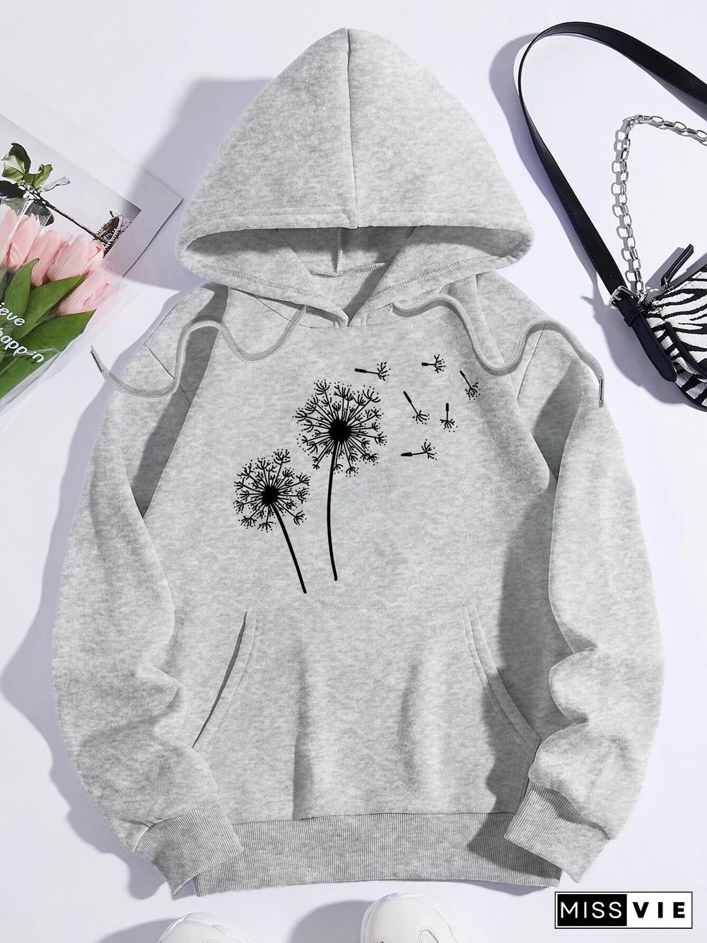 Printed on front Kangaroo Pocket Hoodie Long Sleeve for Women Pattern Dandelion