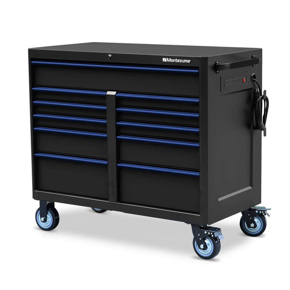 Montezuma 46 in. x 24 in. 11-Drawer Roller Cabinet Tool Chest with Power and USB Outlets in Black and Blue BKM462411TC