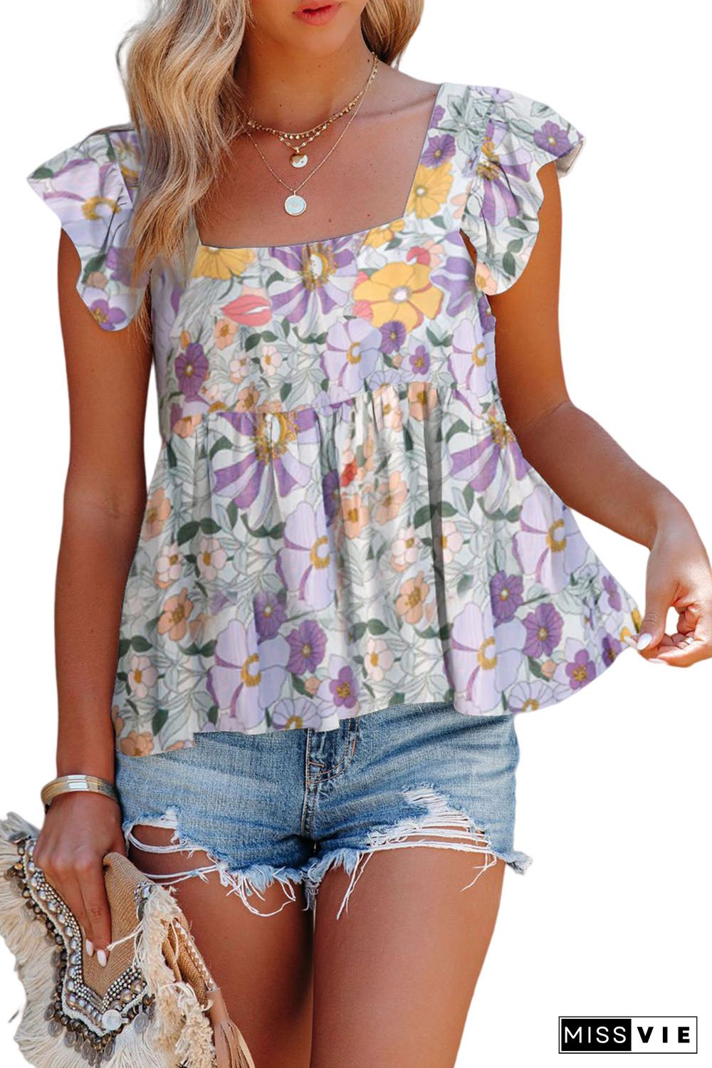 Purple Multicolor Flutter Floral Print Flowy Tank Top