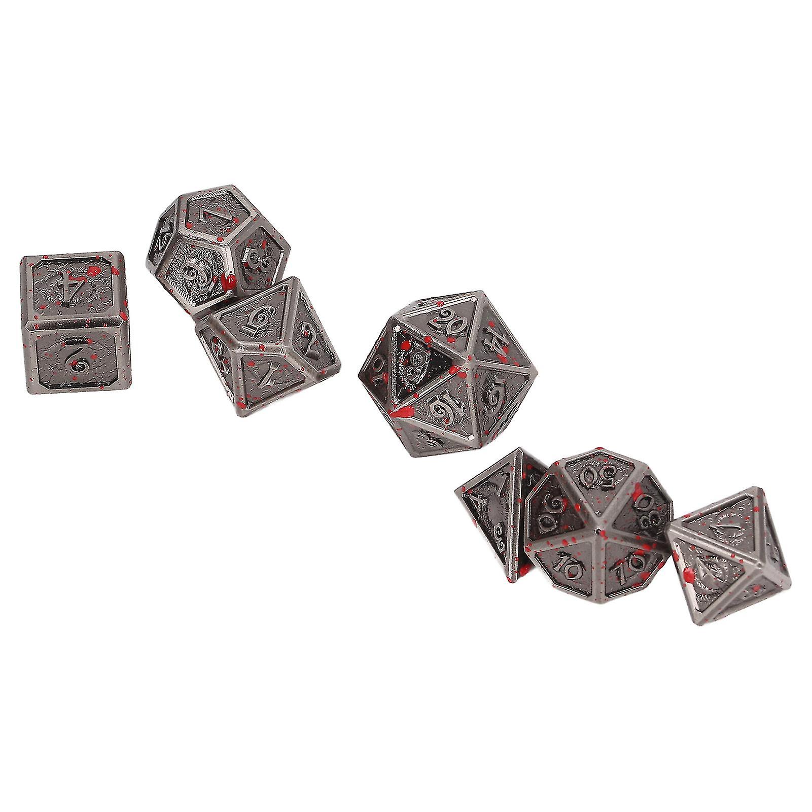 7PCS Polyhedra Metal Dices Multiple Sides Engraving Number Pattern Dice Set for Table Game Electroplated Red Spots