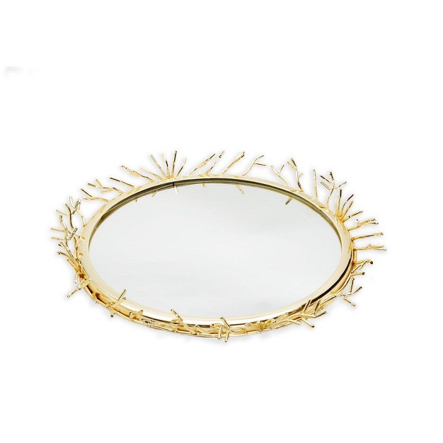 Classic Touch Decorative Round Mirror Tray With Gold Design Border