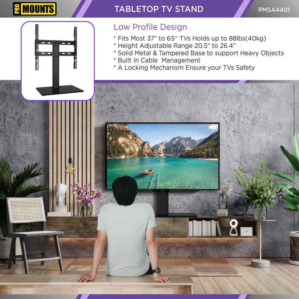 ProMounts Tabletop TV Stand Mount Fits 37 to 60 Inch FlatCurved TV's with 3 Adjustable Level Heights and Tempered Glass Base PMSA4401