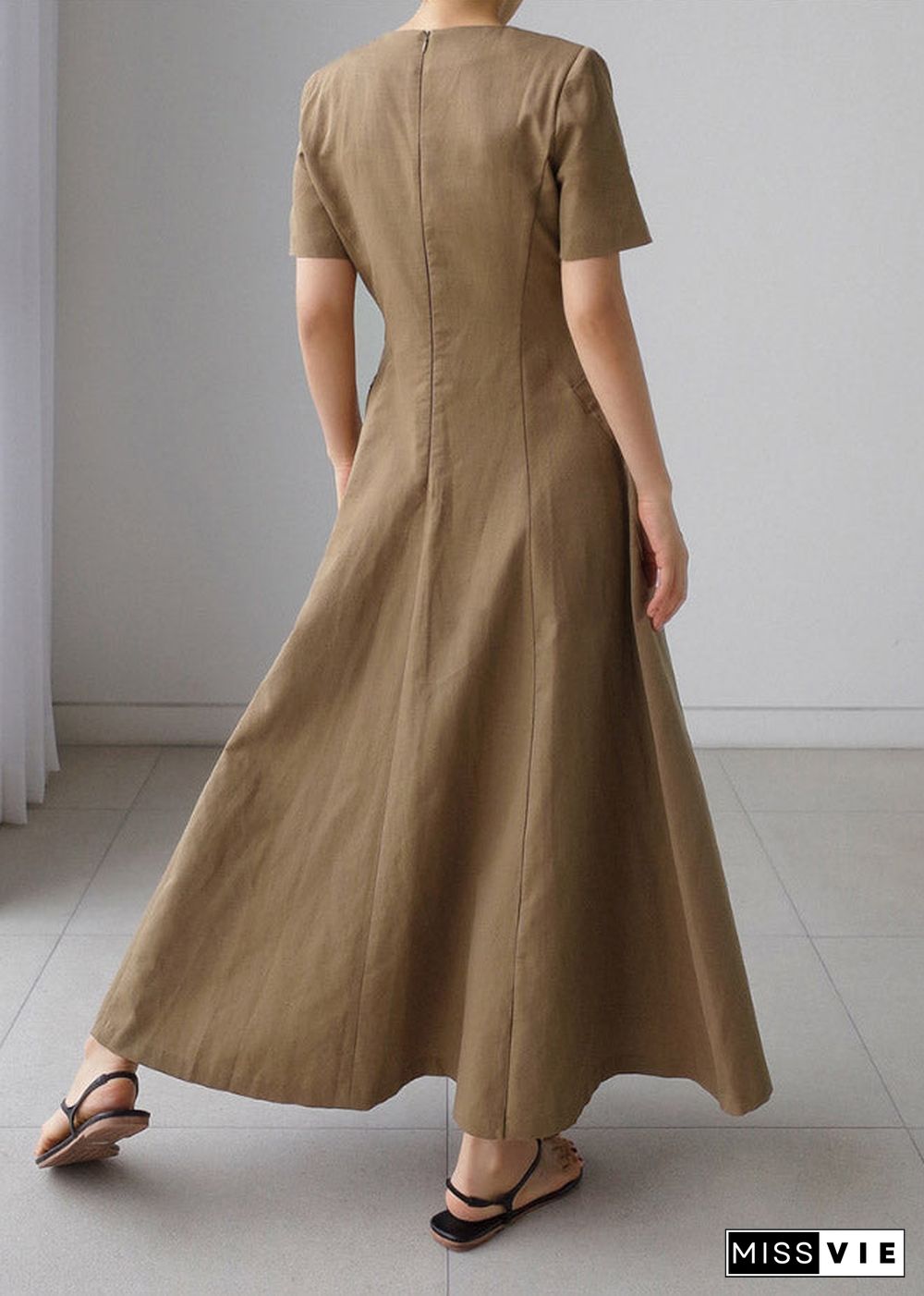 Slim Fit Khaki V Neck Pockets Cotton Long Dress Short Sleeve