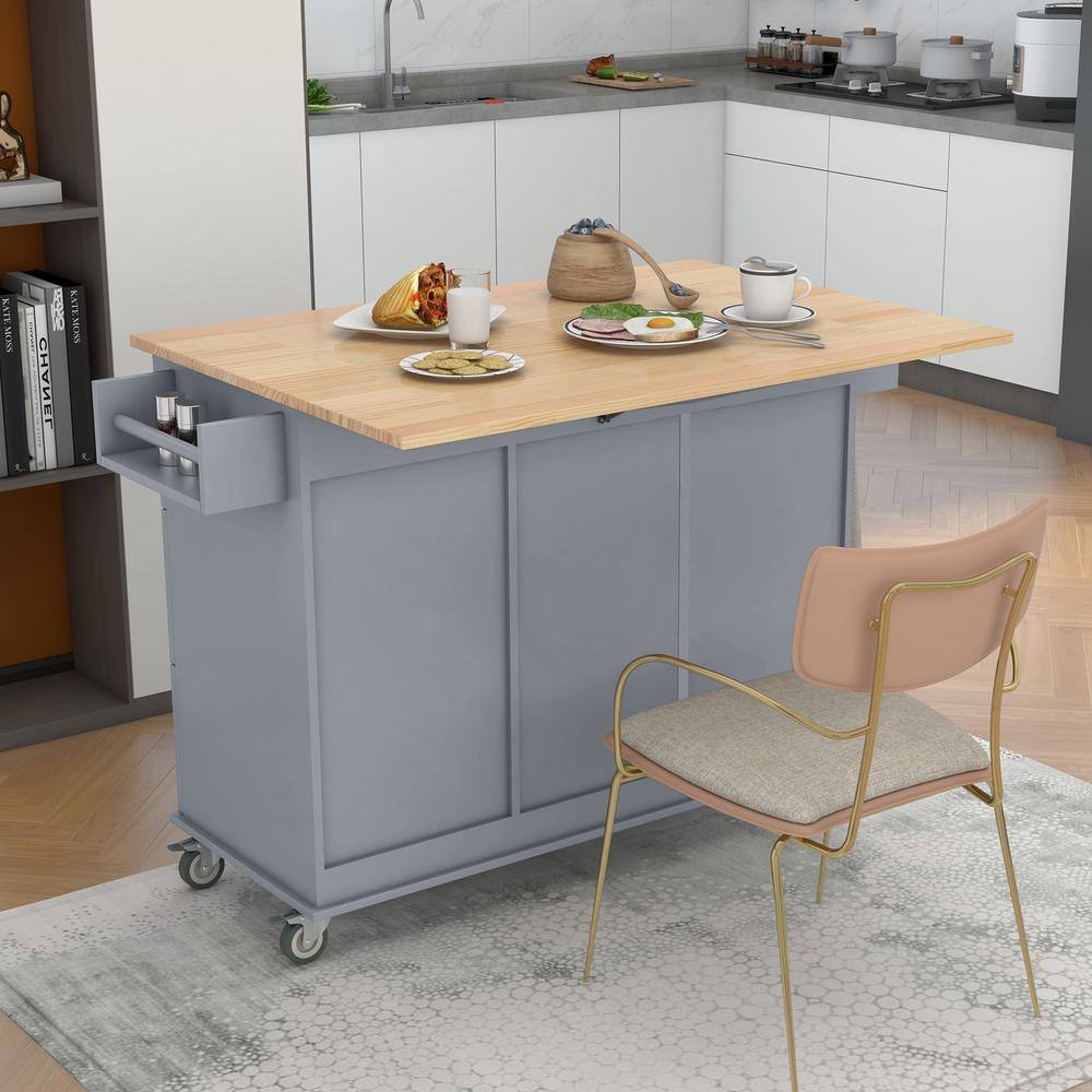 Runesay Gray Blue Rolling Mobile Kitchen Island with Solid Wood Top and Locking Wheels Storage Cabinet Drop Leaf Breakfast Bar EC-KCGB-5163