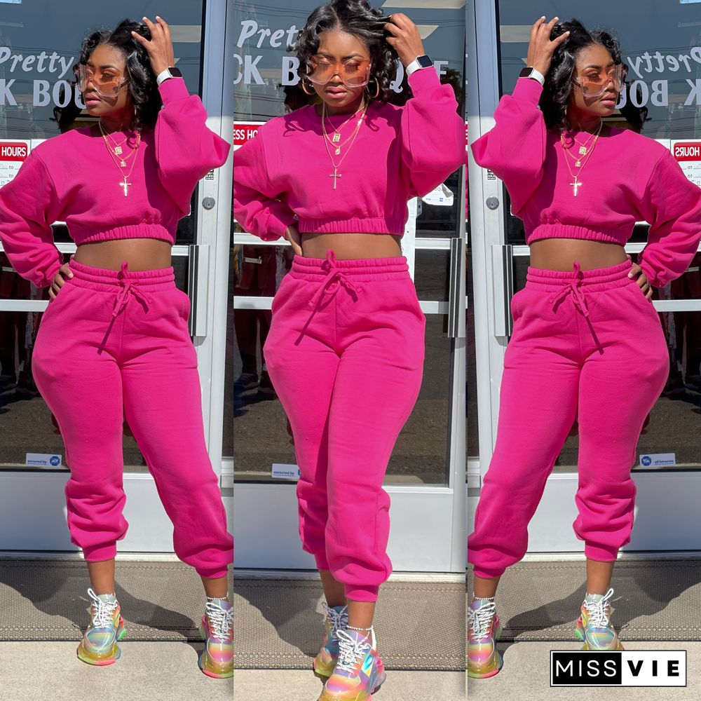 Thicken Long Sleeve Crop Top Sweatpants Set