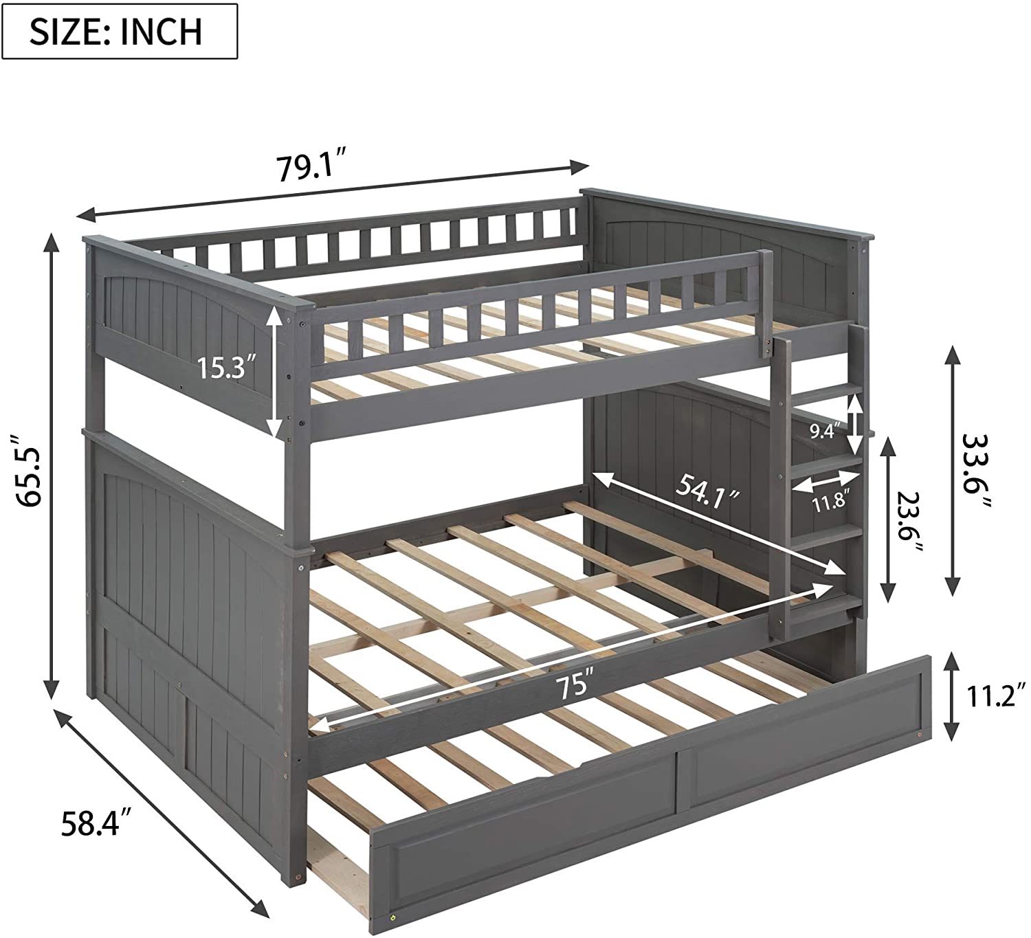 Churanty Full Over Full Bunk Bed with Twin Size Trundle, for Kids and Teens, Brushed Gray