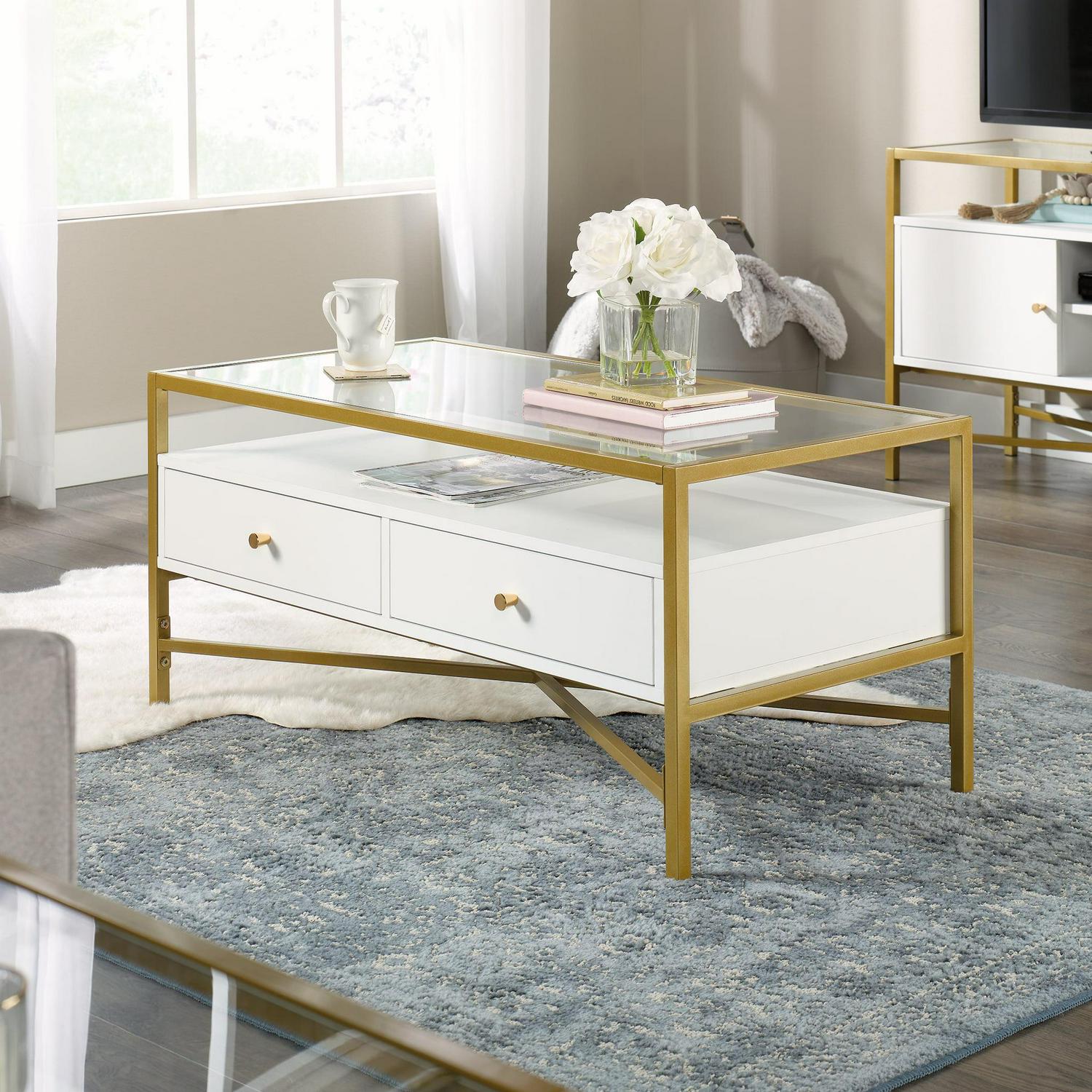 Curiod Glass Top Gold Metal Rectangular Coffee Table with Storage White Finish  Crowdfused