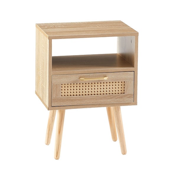 Modern Rattan Side table/Nightstand with 1 Shelf，1 drawer and 4 Solid Wood Legs