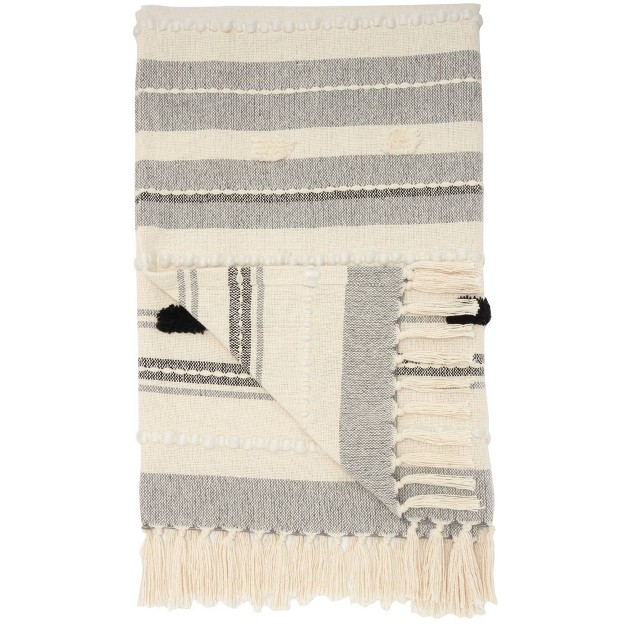 Ribbed With Pom pom Throw Blanket Black ivory Mina Victory