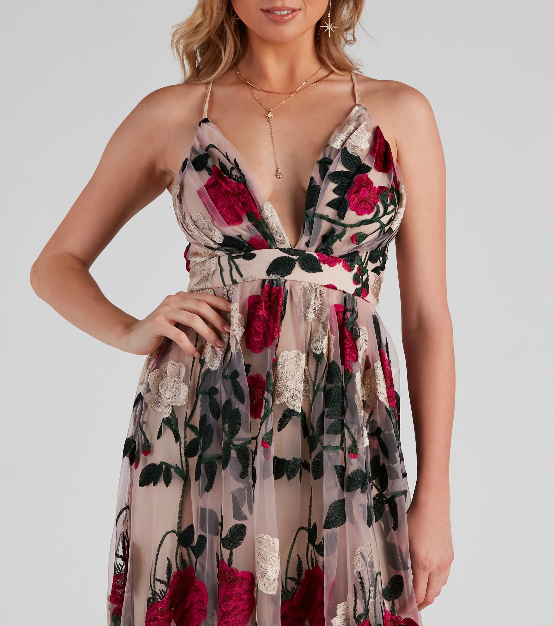 Charena Formal Embroidered Floral Tulle Dress