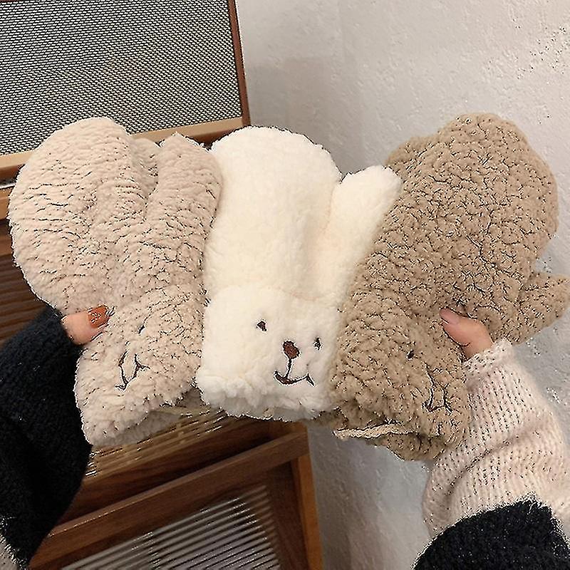 1 Pair Plush Gloves Windproof Comfortable Thickened Super Soft Keep Warm Hands Protection Cartoon Bear Women Cycling