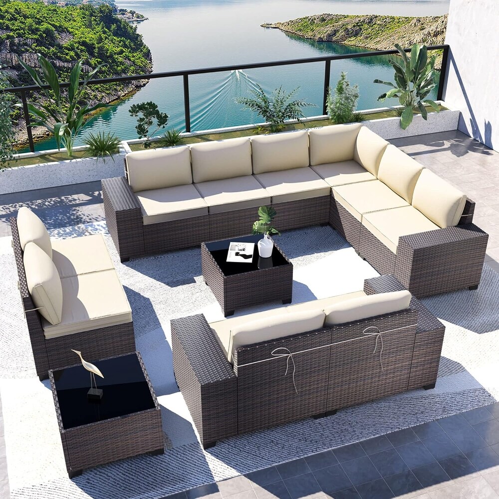 Kullavik 12 Pieces Outdoor Patio Furniture Set Sectional Rattan Sofa Set with Tempered Glass Table