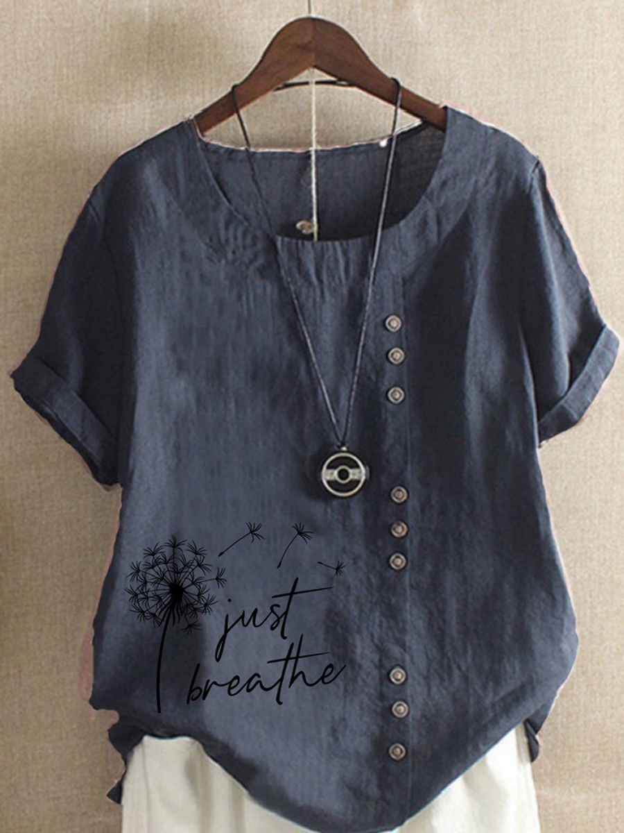 Casual Vintage Dandelion Print Crew Neck Short Sleeve Blouse