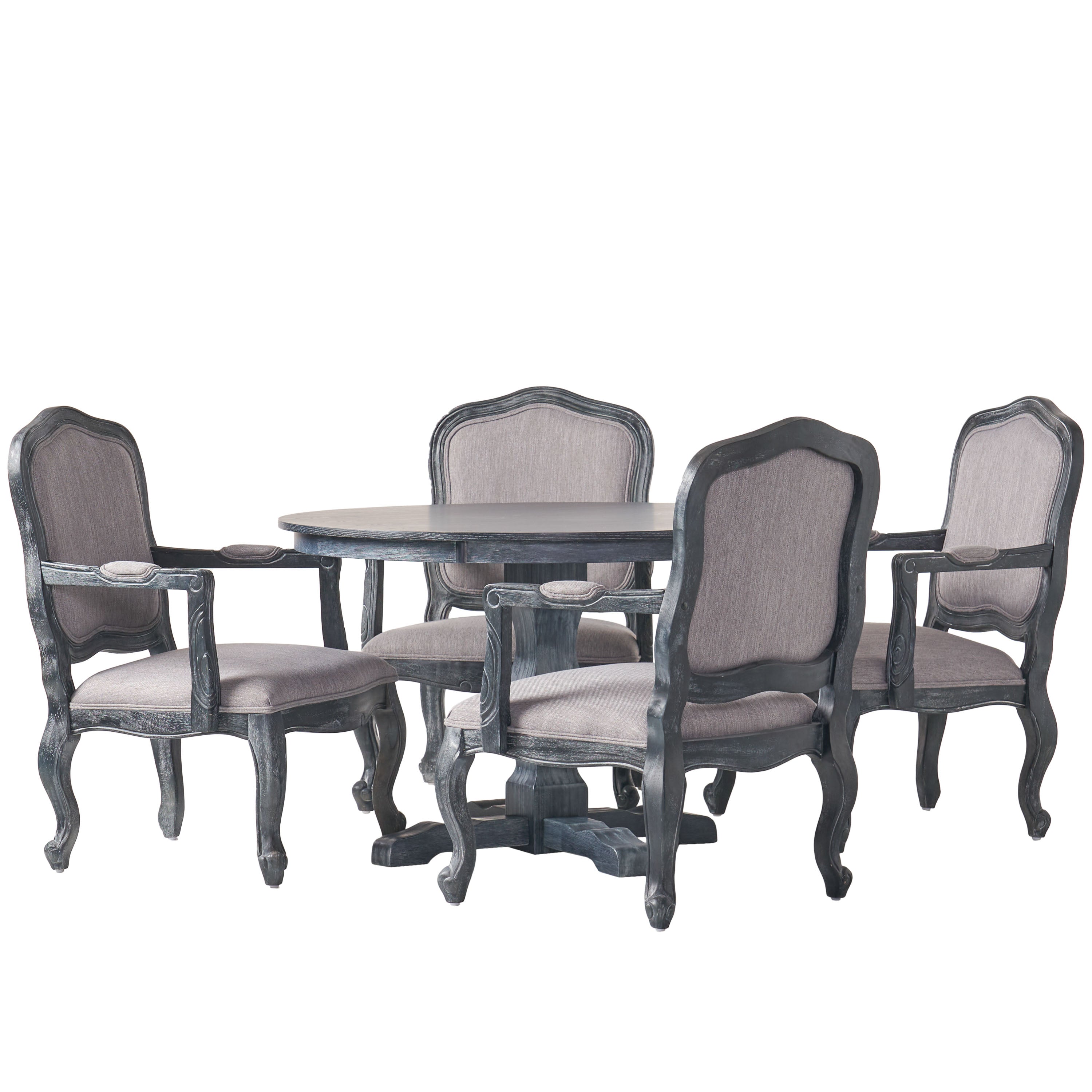 Absaroka French Country Fabric Upholstered Wood 5 Piece Circular Dining Set