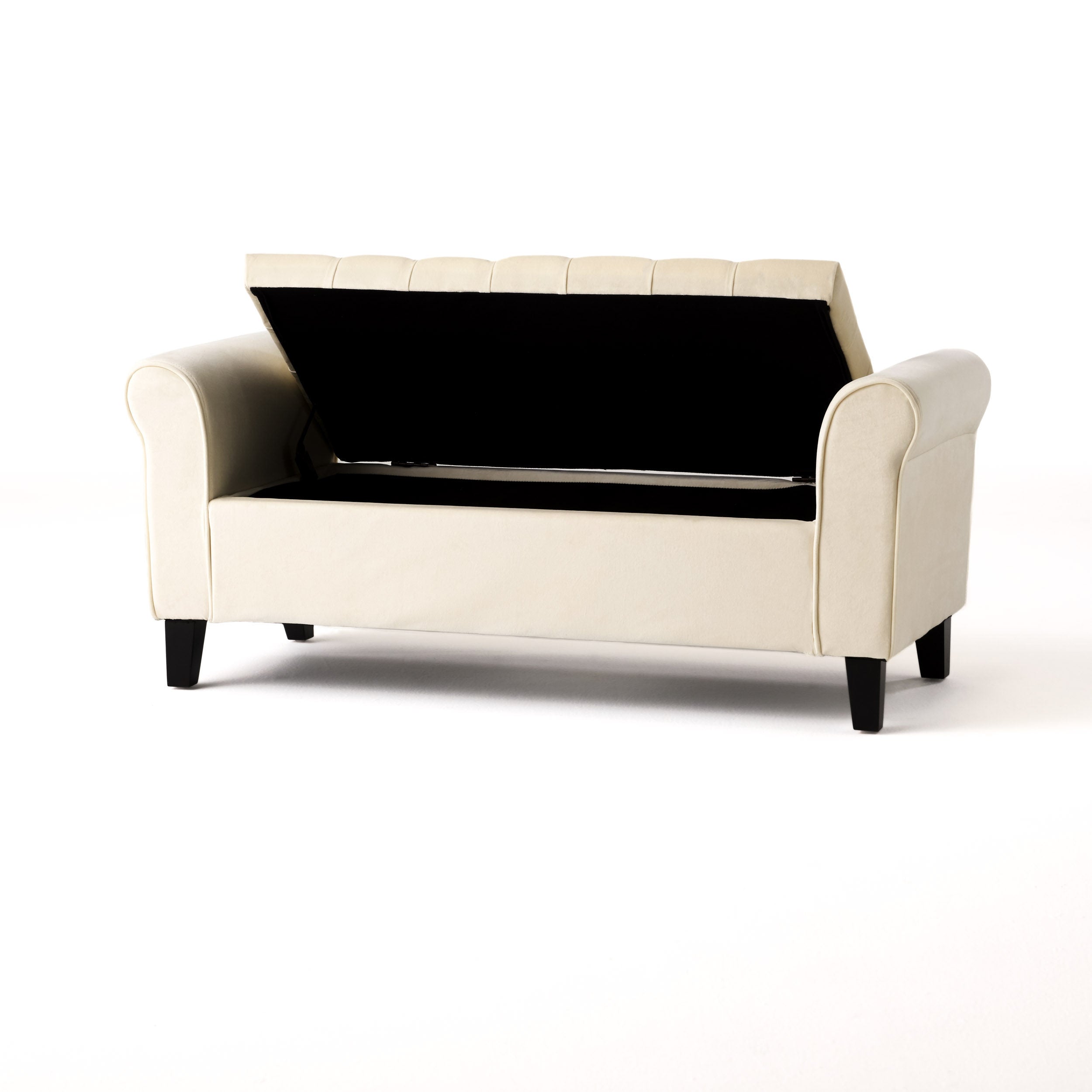 Berggren Contemporary Rolled Arm Velvet Storage Ottoman Bench, Ivory and Dark Brown