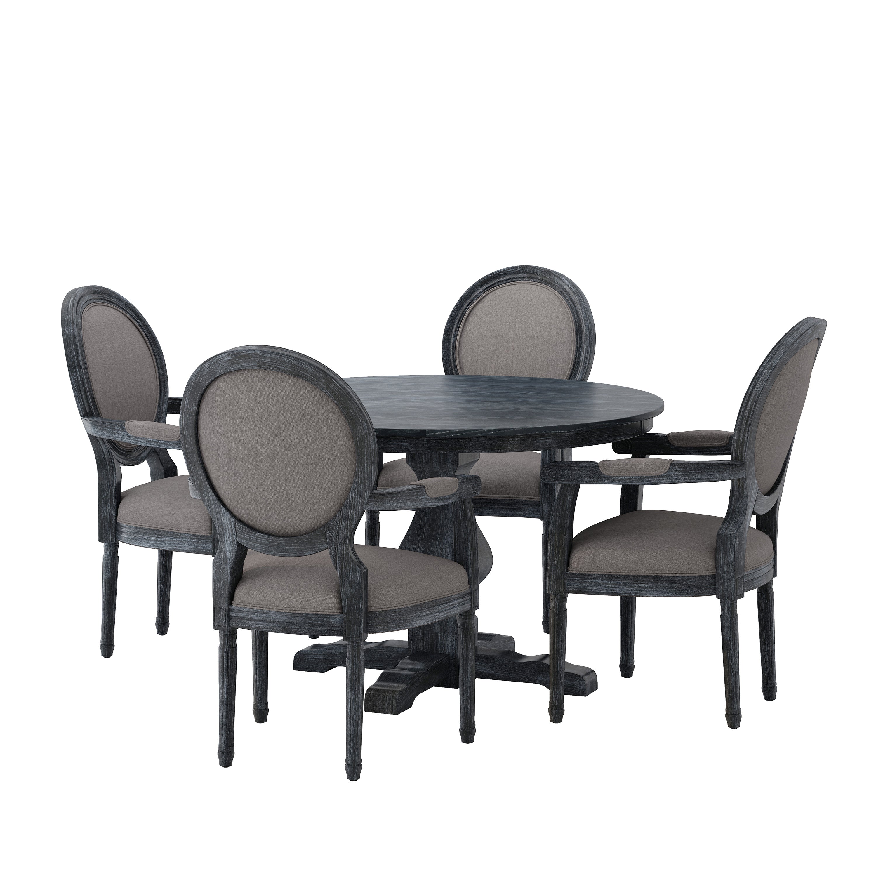 Bryan French Country Fabric Upholstered Wood 5 Piece Circular Dining Set