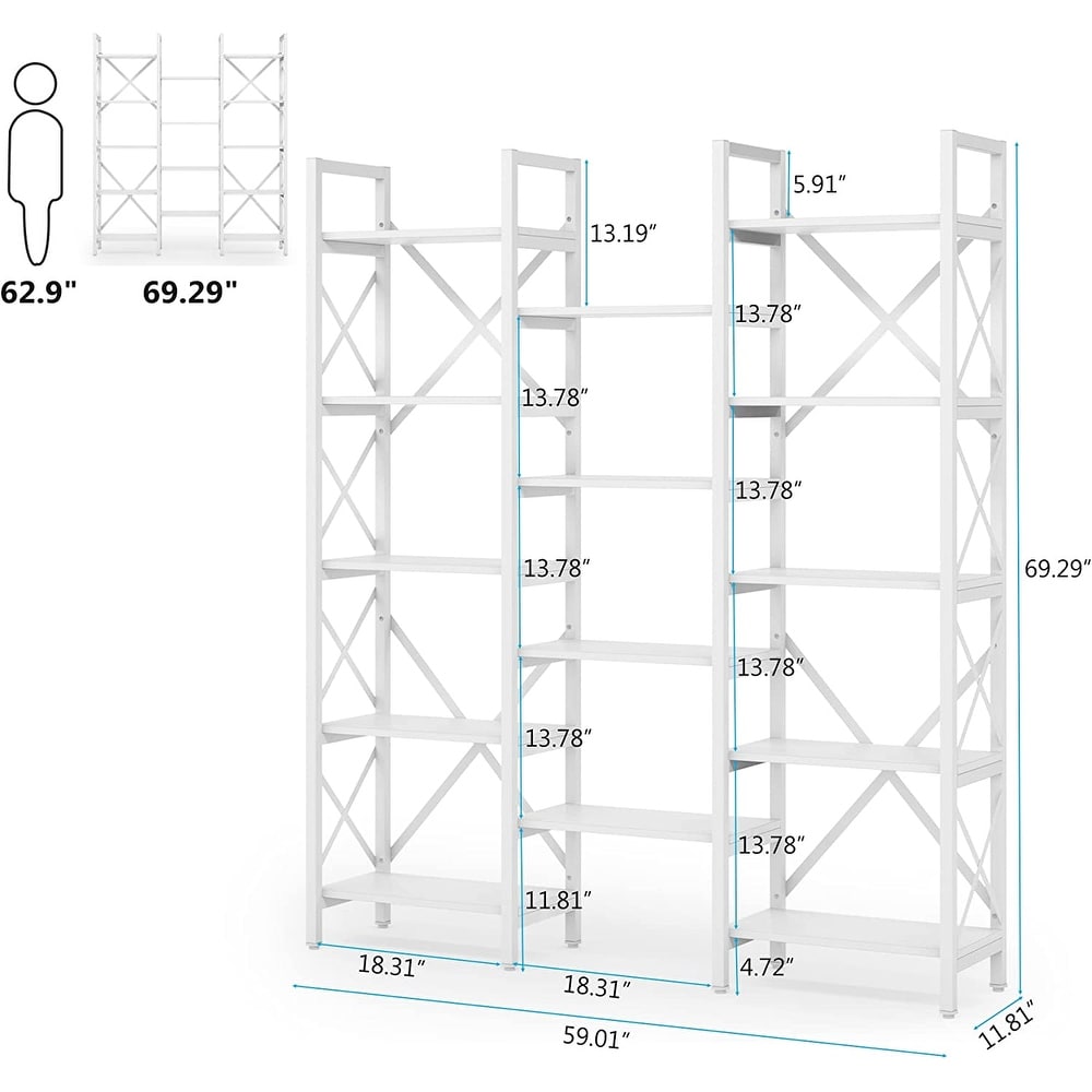 Open Triple Wide 5 Shelf Bookcase  Industrial Etagere Bookshelf for Home   Office