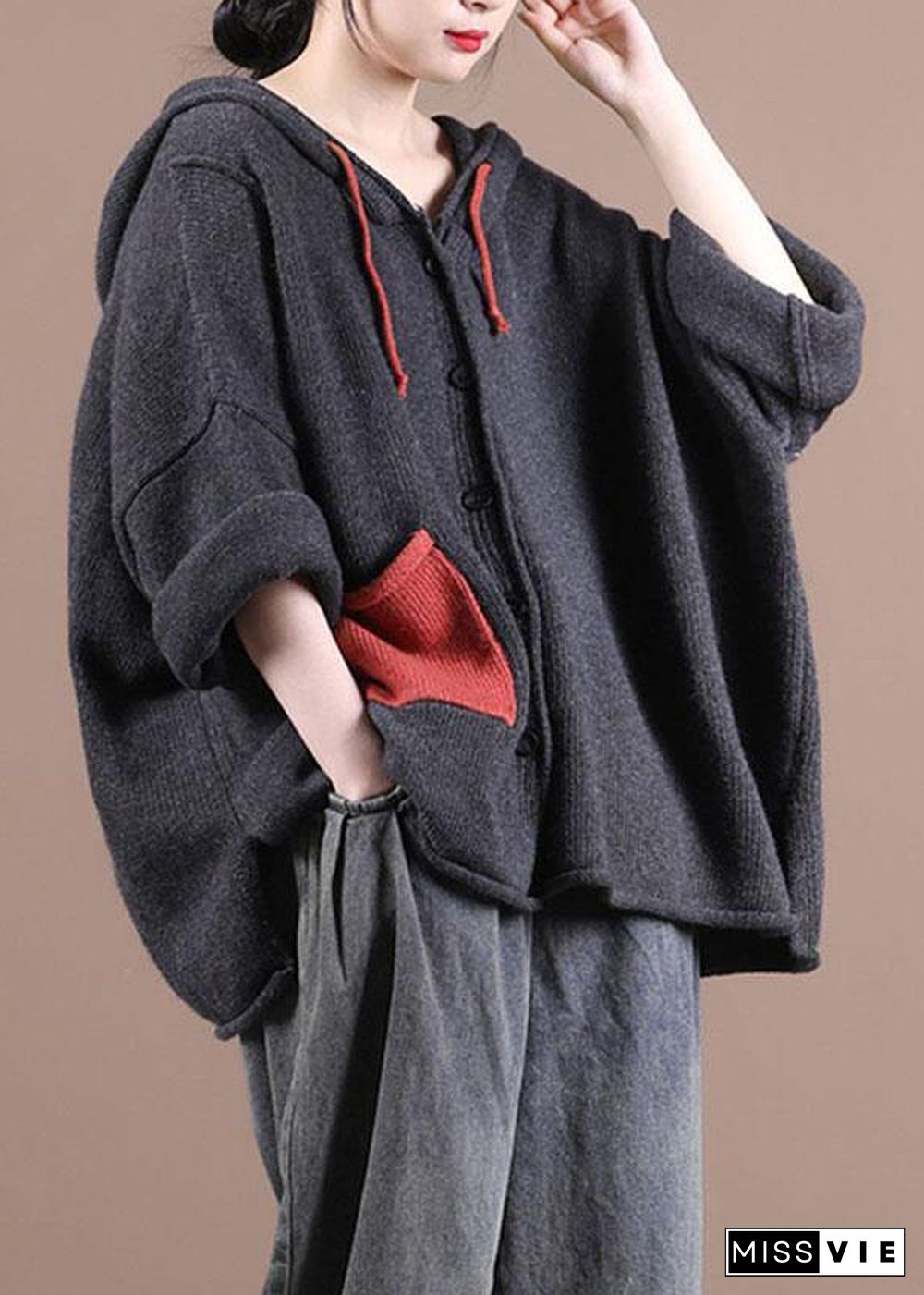 Comfy Dark Grey hooded Pockets Sweater Coat