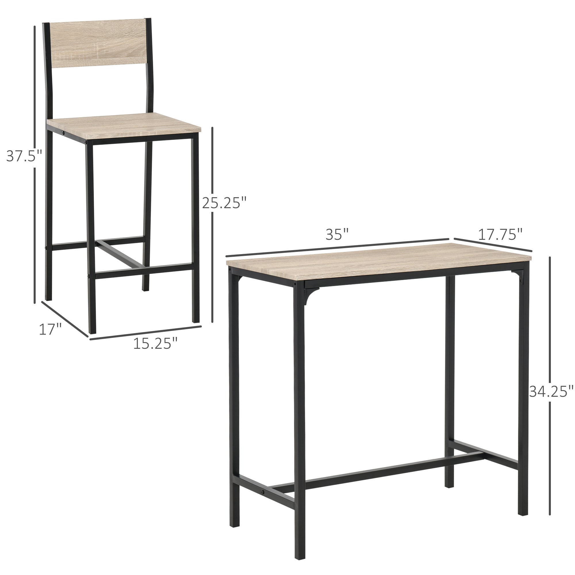 HOMCOM 3-piece Counter Table Set High Back Stool Industrial Dining Kitchen