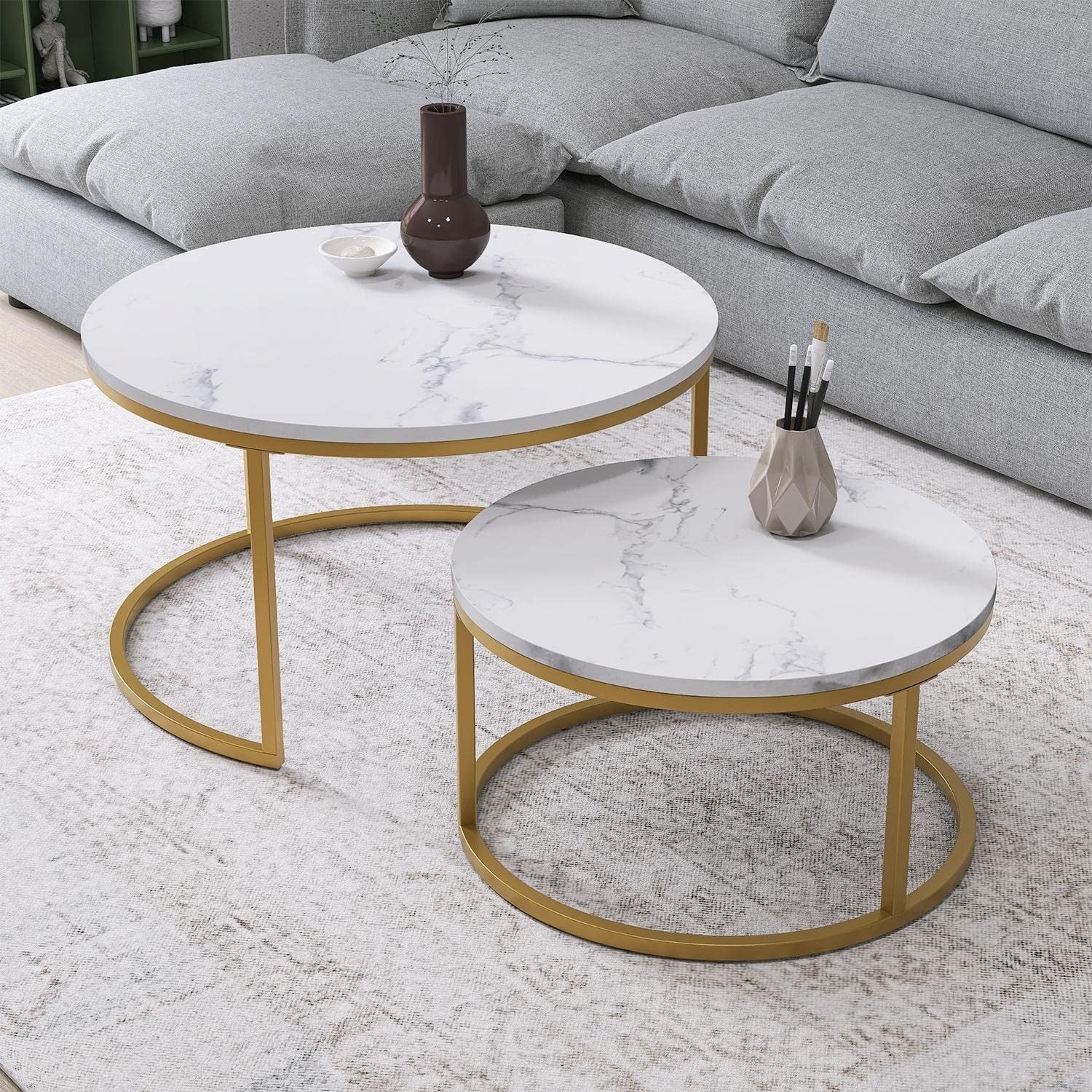 Modern Nesting Coffee Table Set of 2， Round Marble Coffee Table MDF Faux Marble Wood - as picture