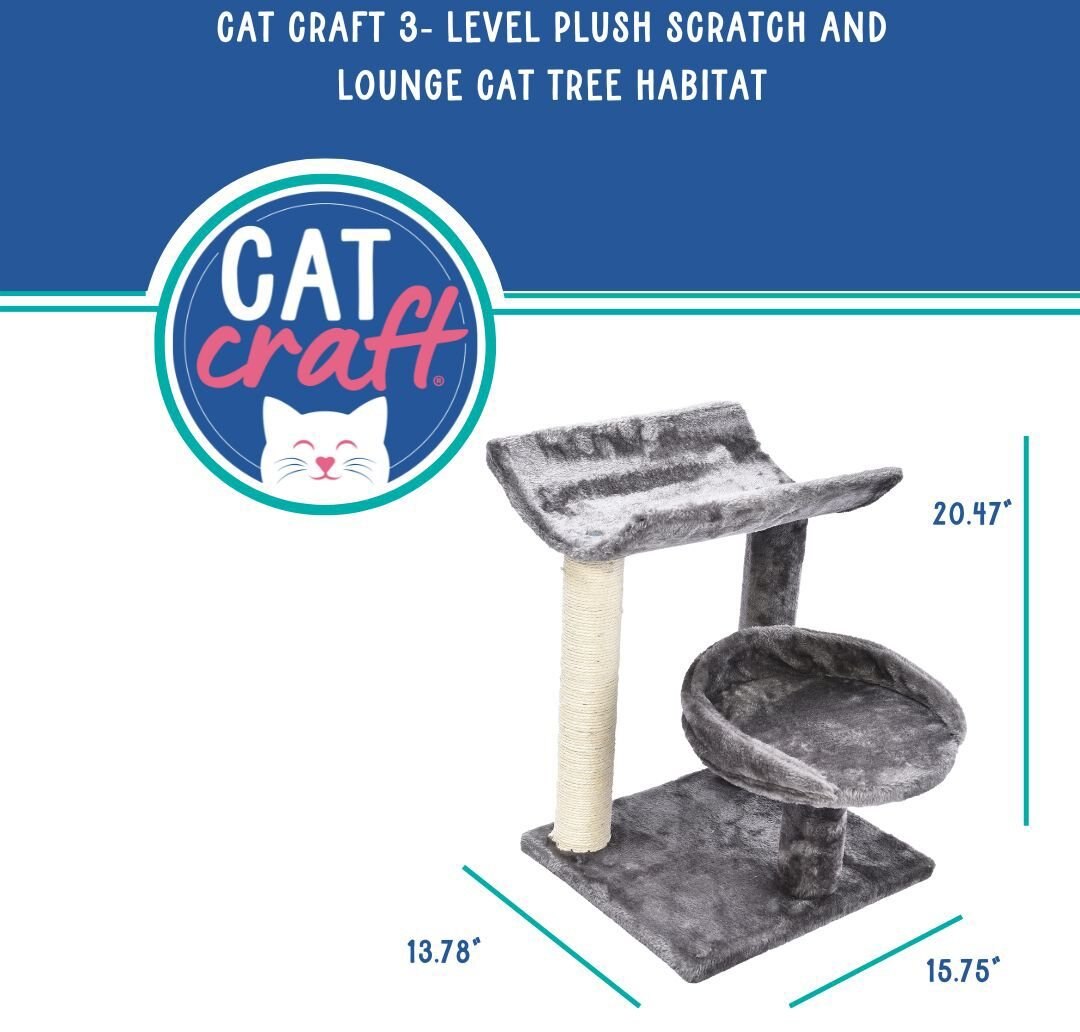 Cat Craft 3 Tier Plush Scratch and Lounge Cat Tree Habitat， Grey， Medium