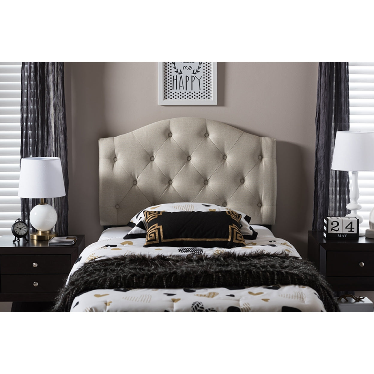 Baxton Studio Myra Modern and Contemporary Light Beige Fabric Upholstered Button-Tufted Scalloped Twin Size