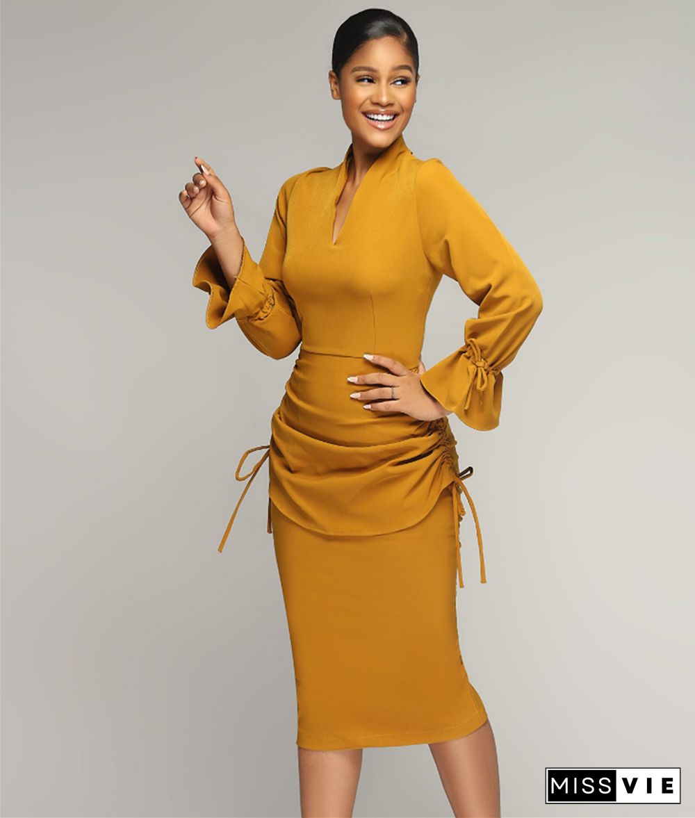 Flare Long Sleeve Drawstring Ruched Bodycon Dress