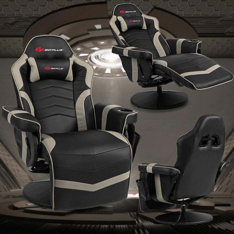 PU Leather Massage Gaming Chair, Ergonomic High Back Racing Style Gaming Recliner with Adjustable Backrest & Footrest, Cup Holder, Side Pouch