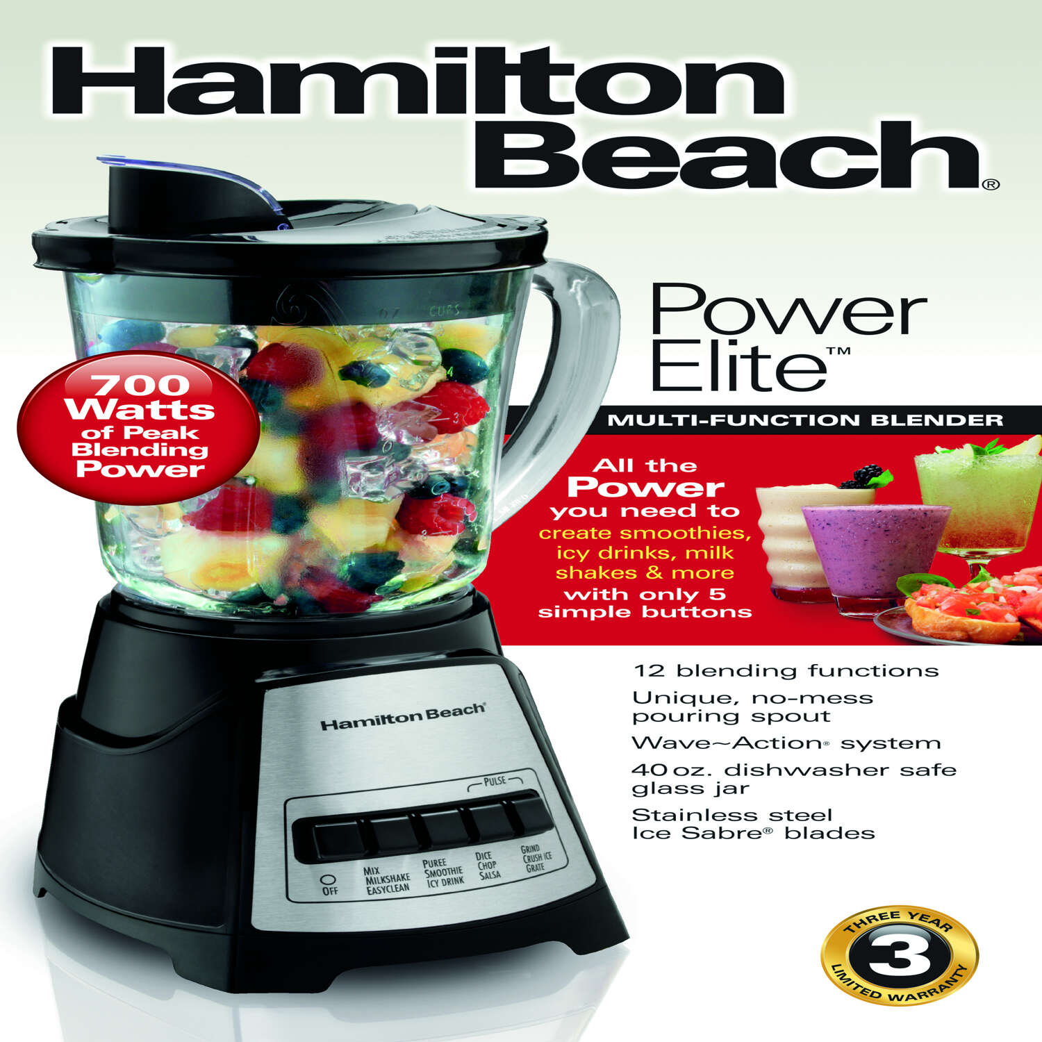 Hamilton Beach Power Elite Blender 40 oz. 12 Stainless Steel 700 watts