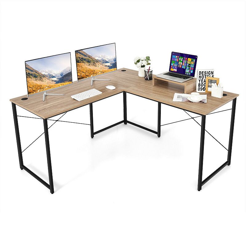 2-Person L-Shaped Long Reversible Computer Desk with Monitor Stand