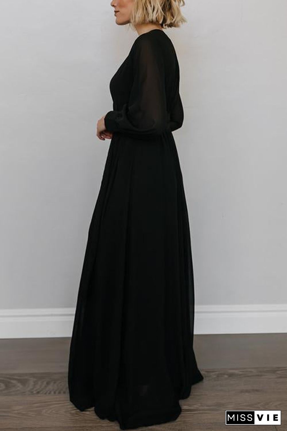 Button Puff Sleeve Belted Maxi Dress