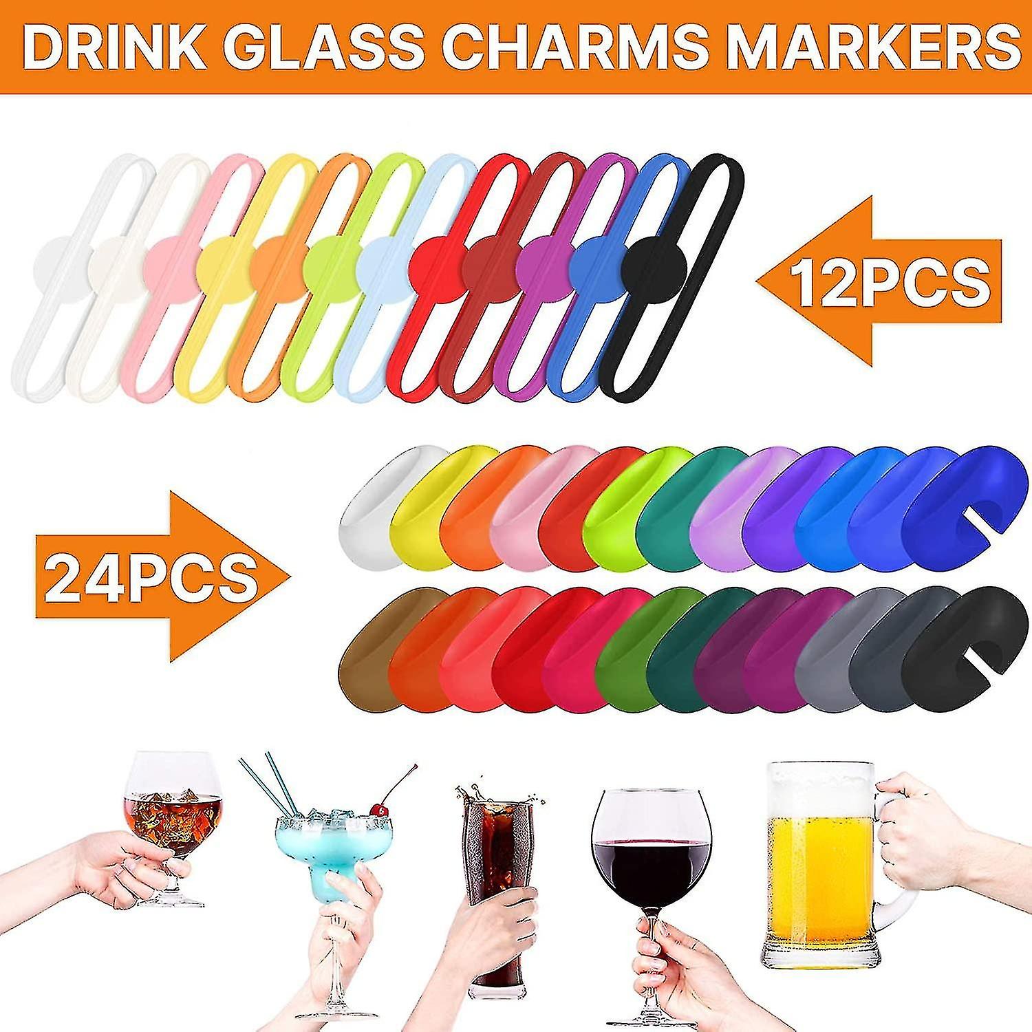 36 Pcs Wine Glass Charms Markers Colorful Silicone Glass Markers， Glass Cup Wine Glass Bottle Strip