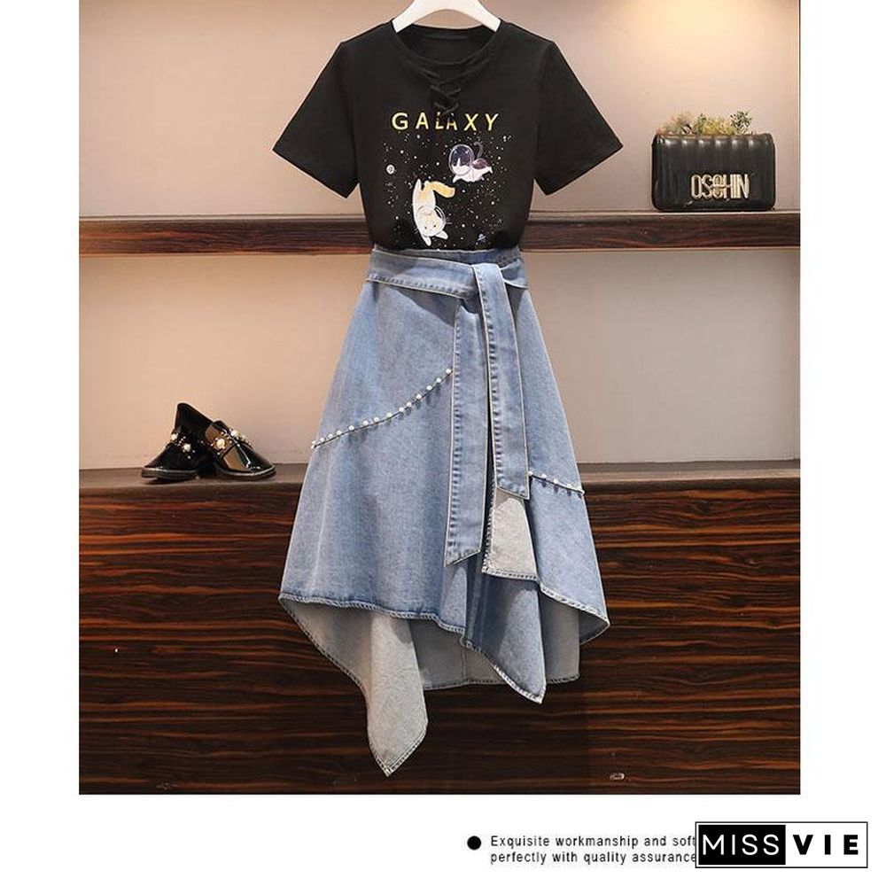 Cute Kitten T-shirt+Chic Denim Skirt P11157