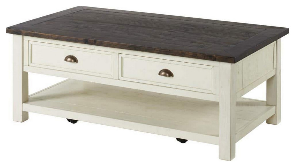 Fiya 50 quotCoastal Coffee Table With 2 Drawers and 1 Shelf  Brown  White   Farmhouse   Coffee Tables   by VirVentures  Houzz