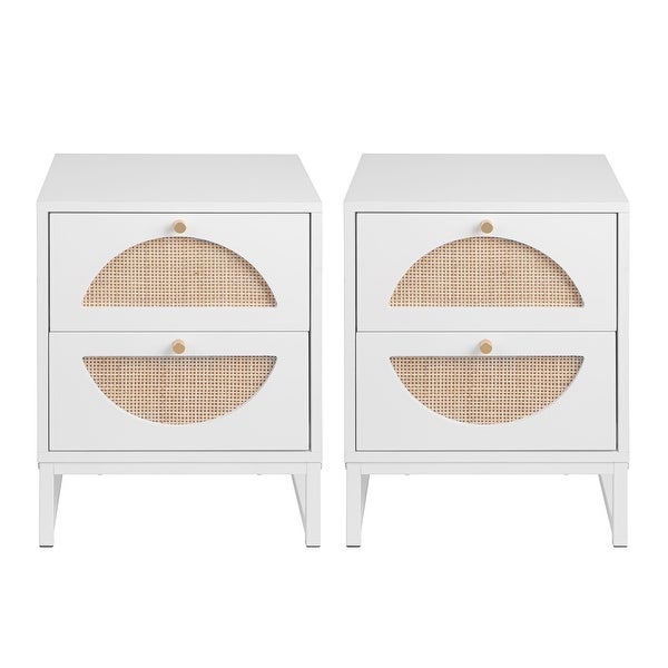 Allen 2 Drawer Nightstand Set of 2，White，Natural Rattan，Display Rack for Bedroom and Living Room