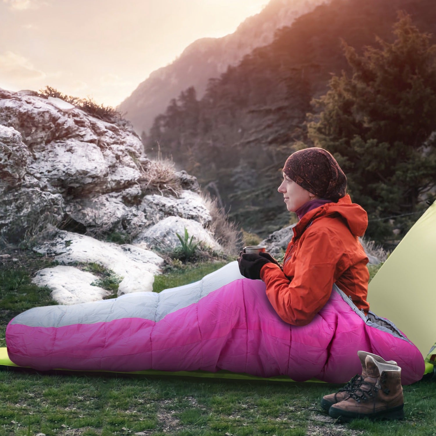 Sleeping Bag for Adults, iMountek Compression Sack for 3-4 Season Camping, Fits 23°F ~ 50°F(Pink)