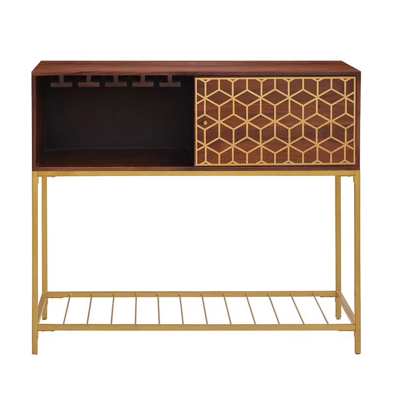 Kalyn 48 Inch Acacia Wood Bar Cabinet， 1 Door， Metal Frame， Geometric Screen Print， Brown， Brass