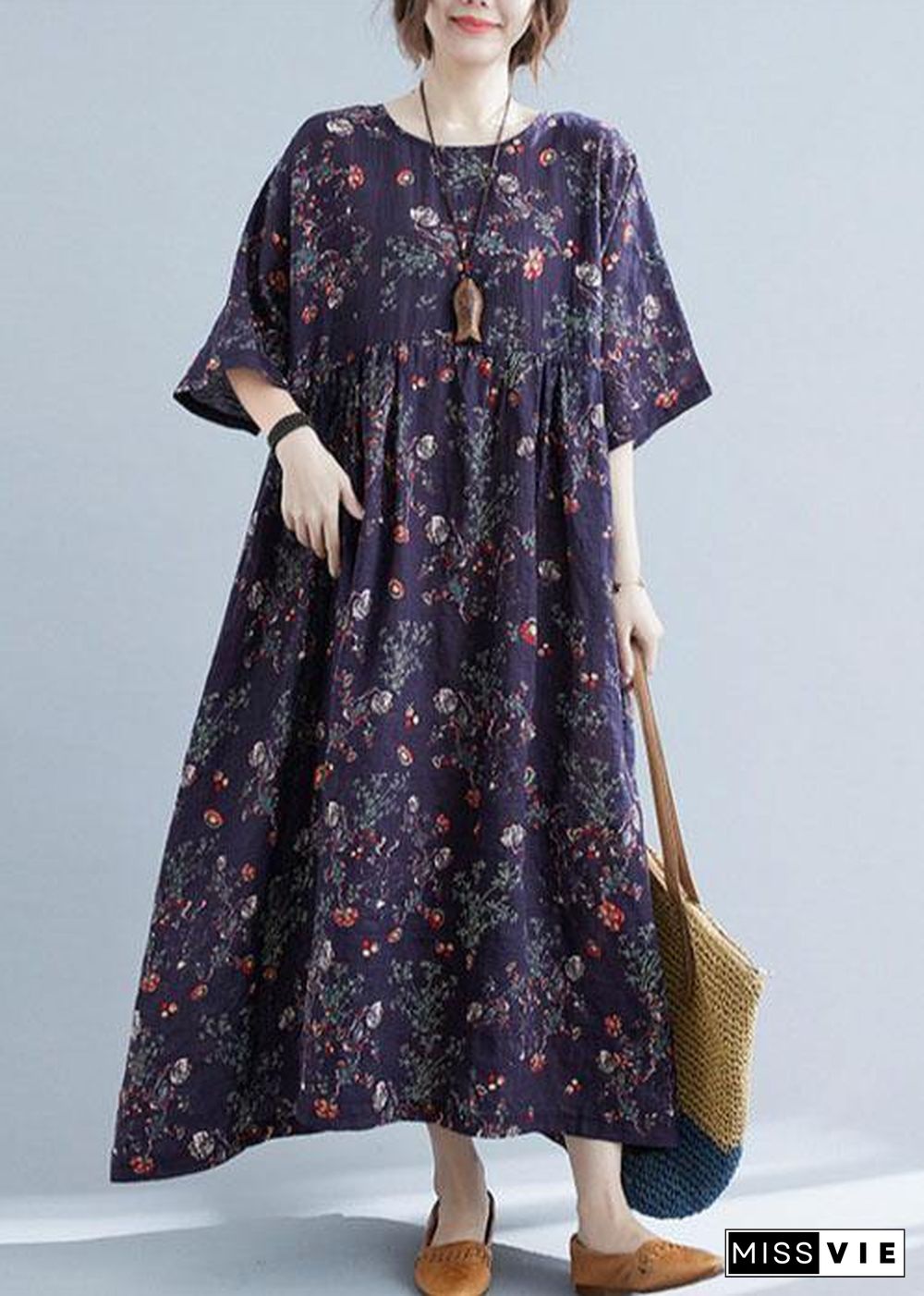 French Navy Print Pockets Loose Summer Half Sleeve Long Dress